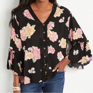 NWT Maurices Women’s Black Floral Blouse with Ruffled Sleeves